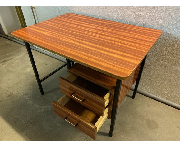 Vintage brown formica desk with black metal feet
