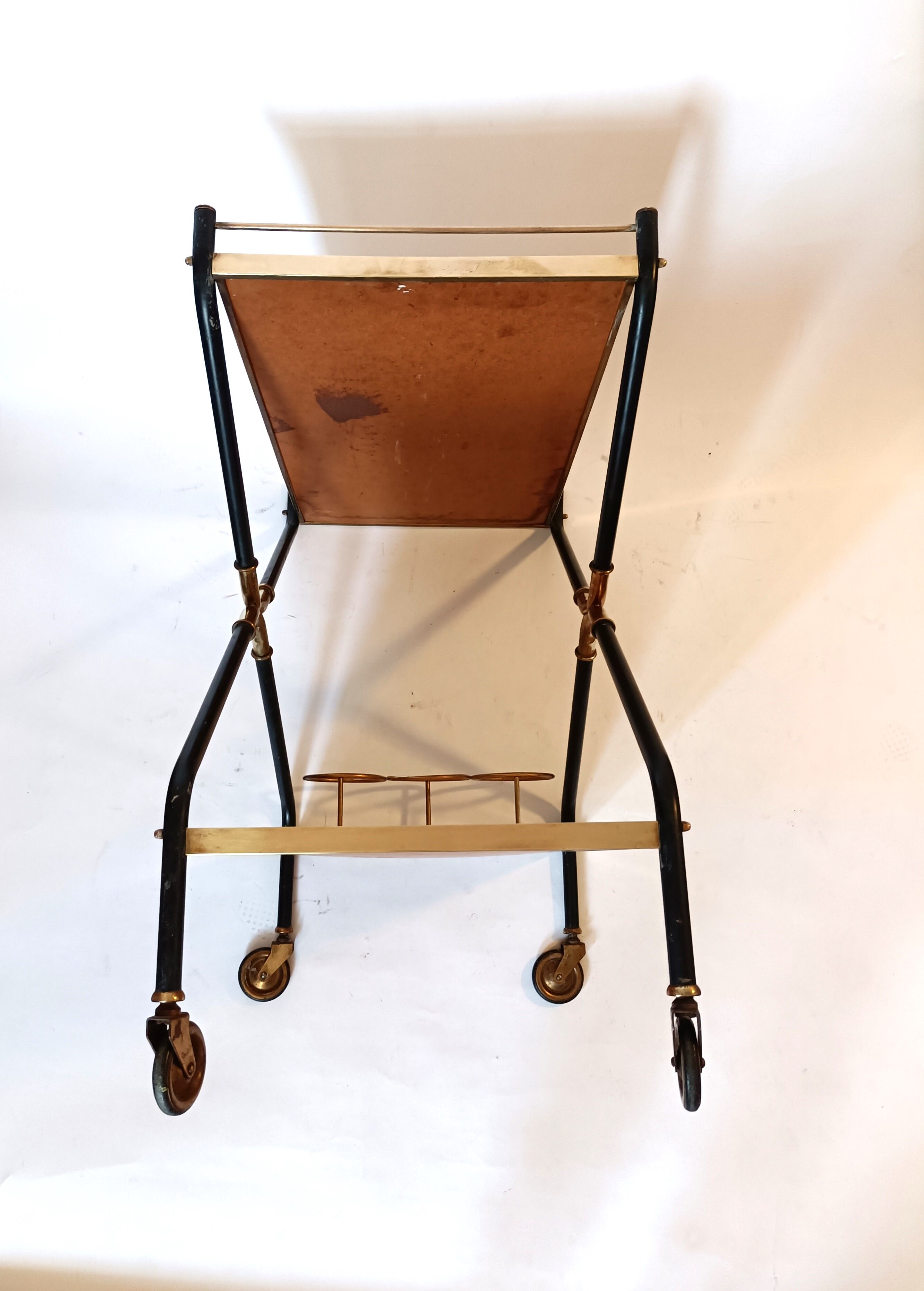 Rolling bar in gilded brass and black metal, Italy circa 1950