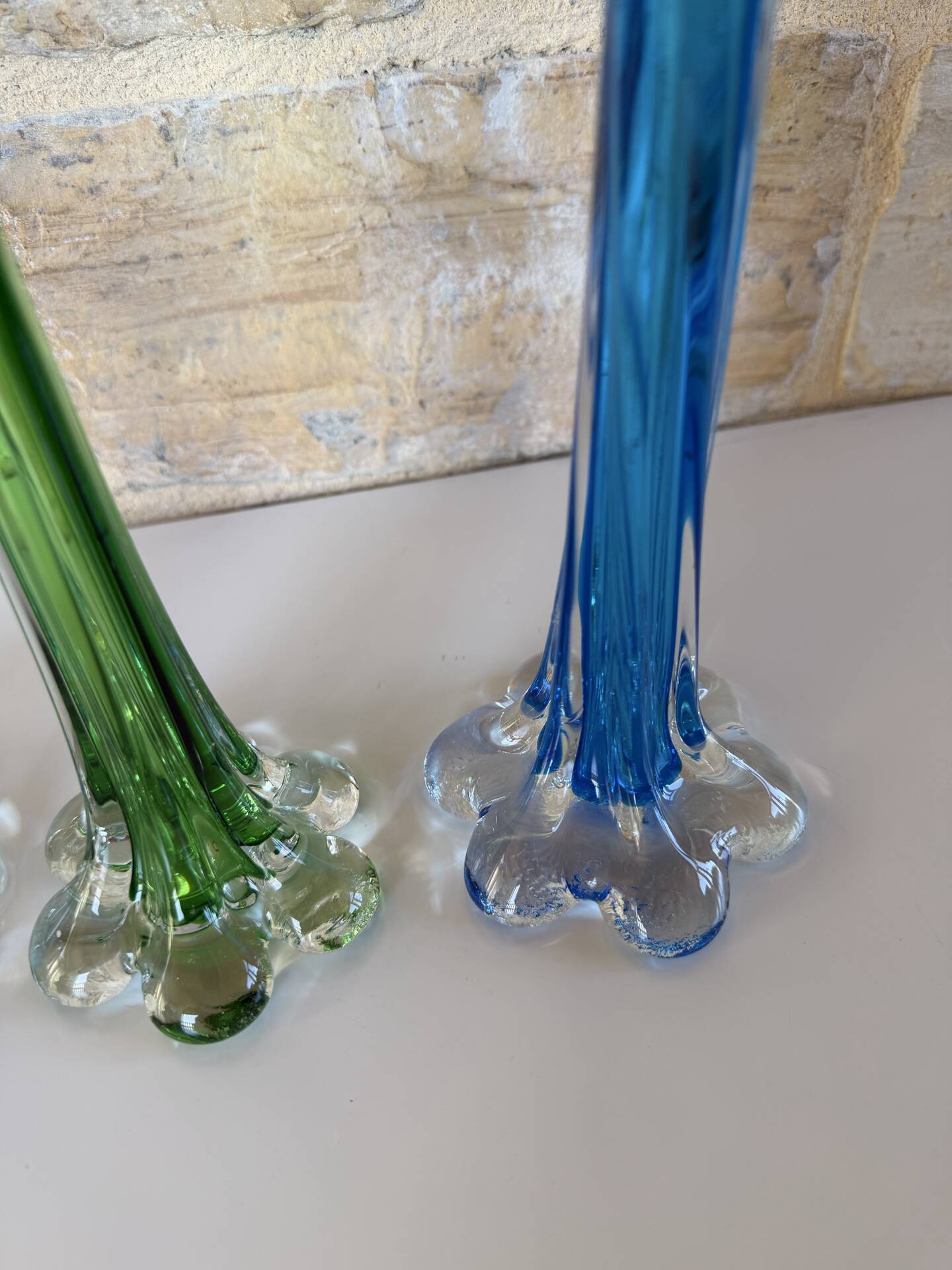 Trio de soliflore vase Murano vintage – verre soufflé bleu & vert – It