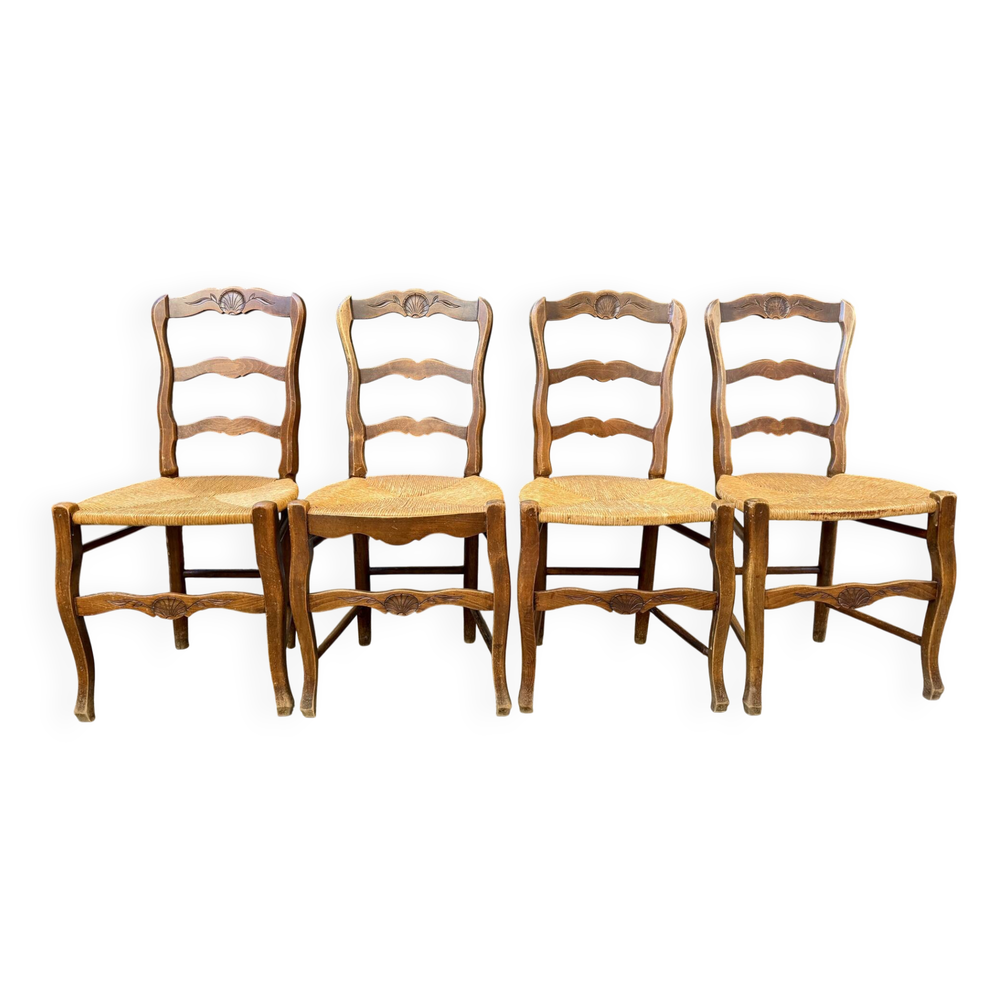 Set of 4 Provençal oak chairs with rush seats.