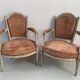 Pair of Louis XVI style armchairs in patinated beech, 19th century