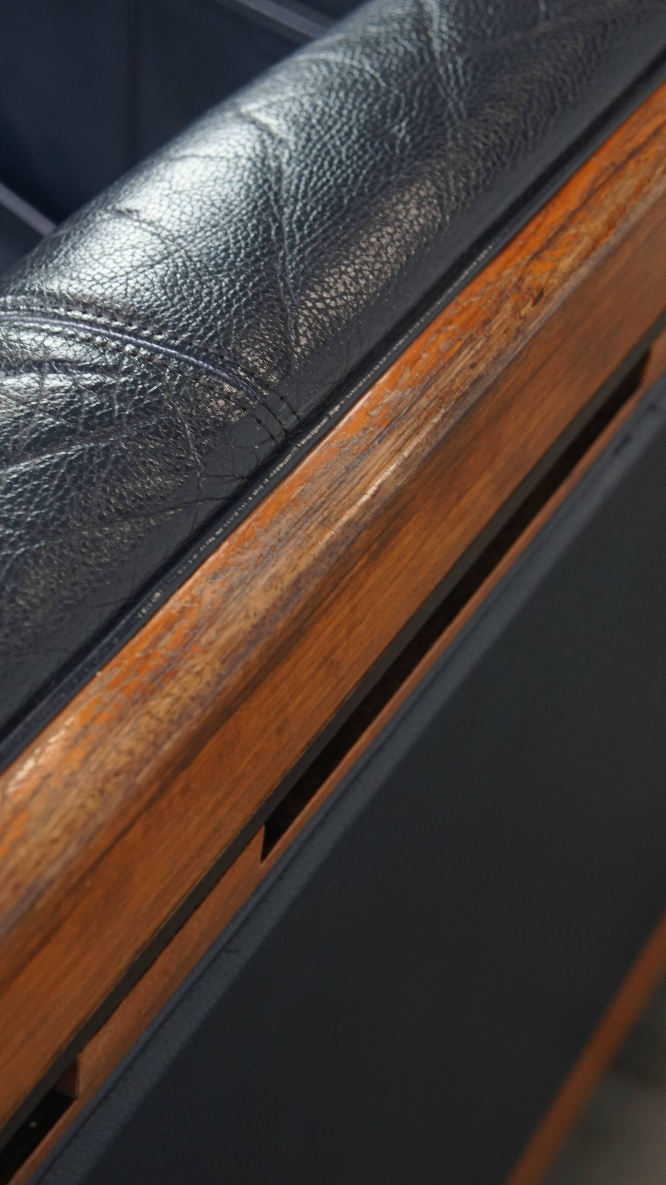 2.5-Seater Art Deco Sofa with Woodwork and Dark Blue Cowhide Leather