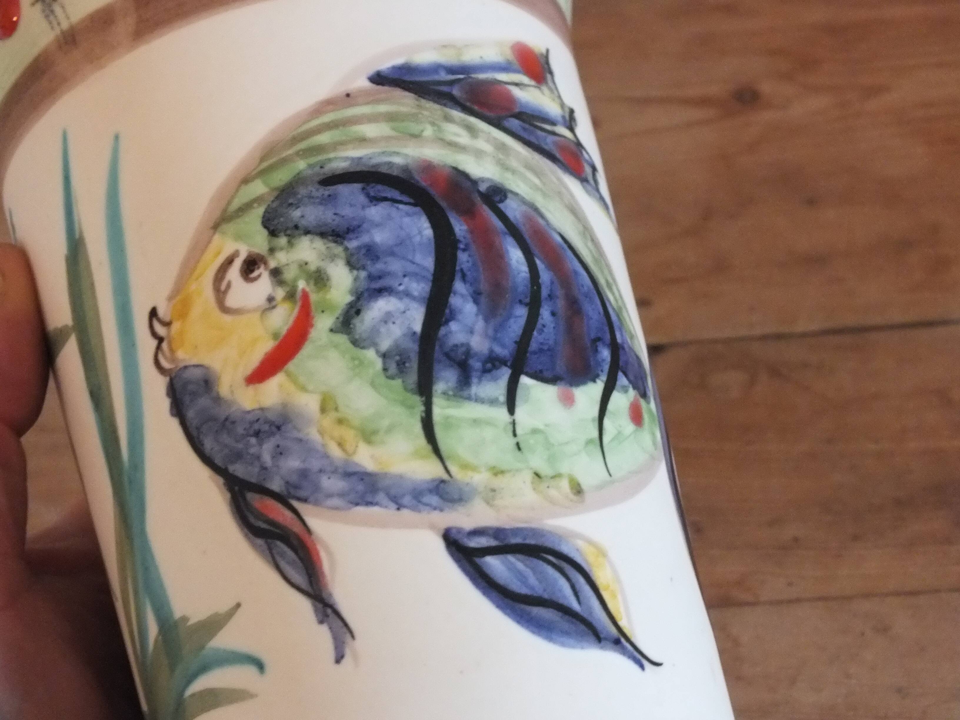 60s enamelled cone vase with fish decor, Vallauris signed Mj