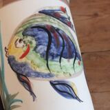 60s enamelled cone vase with fish decor, Vallauris signed Mj