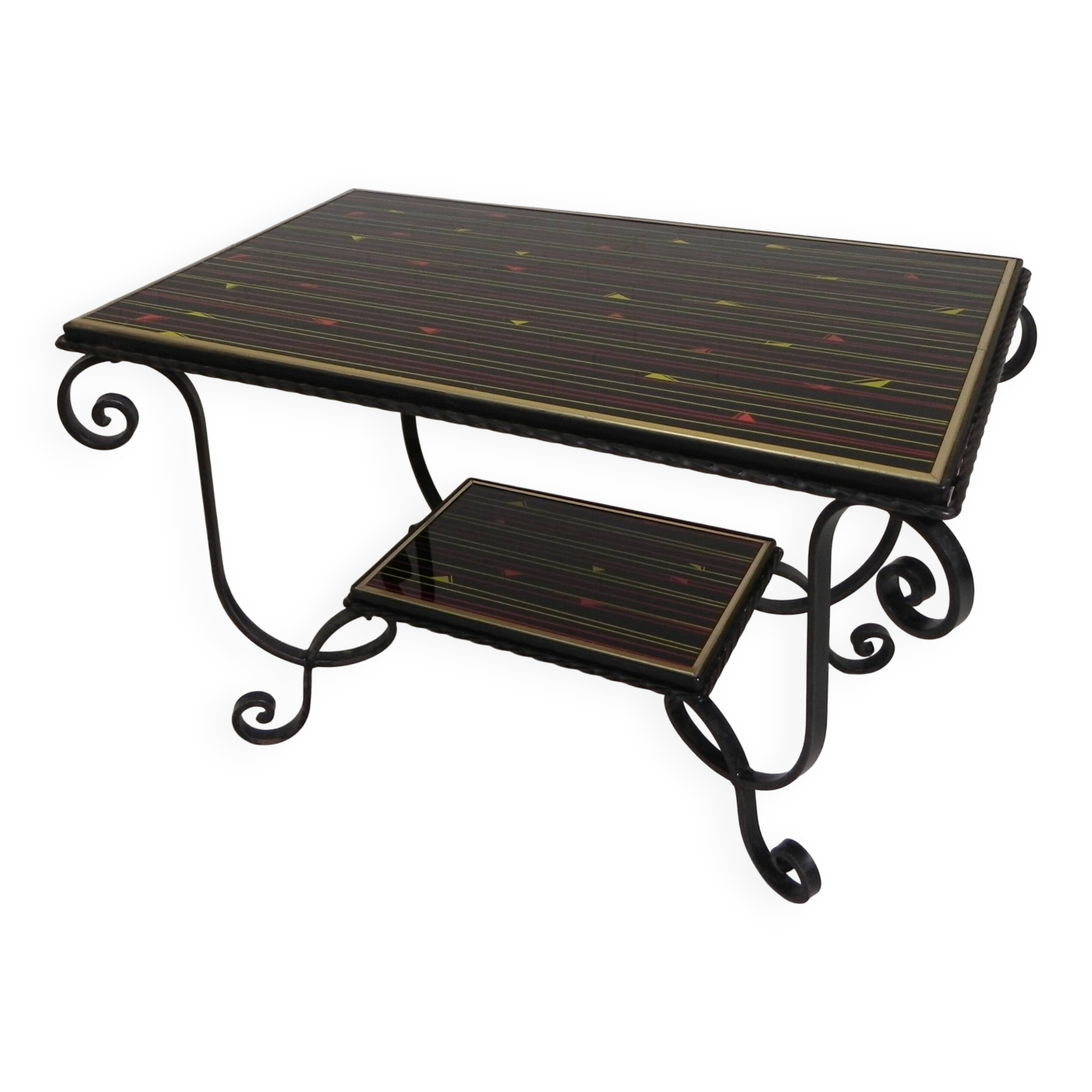Table basse vintage avec 2 plateaux en verre avec impression des années 50