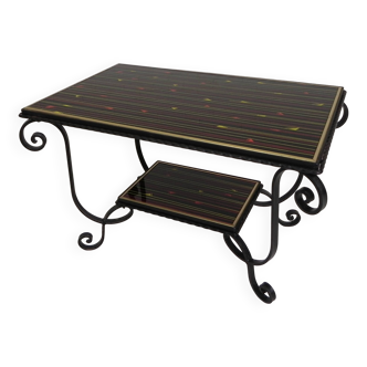 Table basse vintage avec 2 plateaux en verre avec impression des années 50