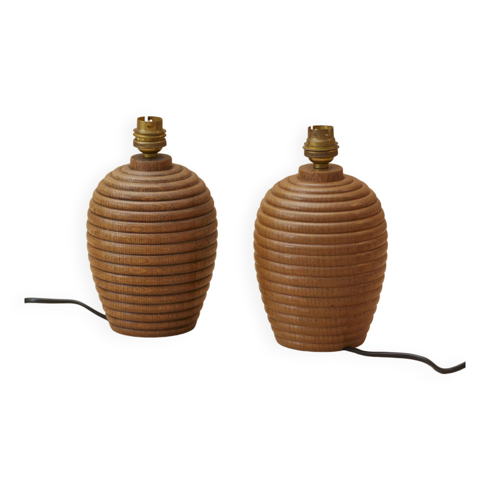 Pair of solid wood lamp bases (oak) turned vintage circa 1960