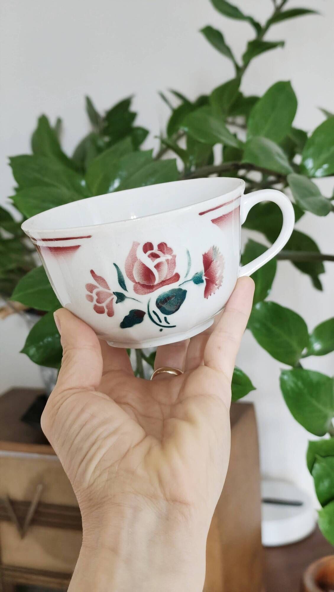 Trio of large antique chocolate cups (Fénal Badonviller – “Red Rose” decoration)