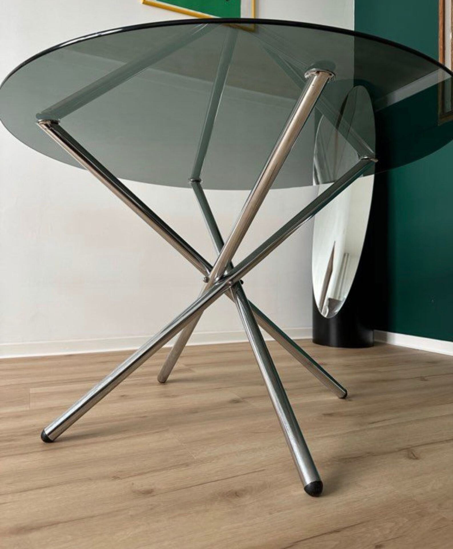 Table à manger plateau verre pieds chrome année 70