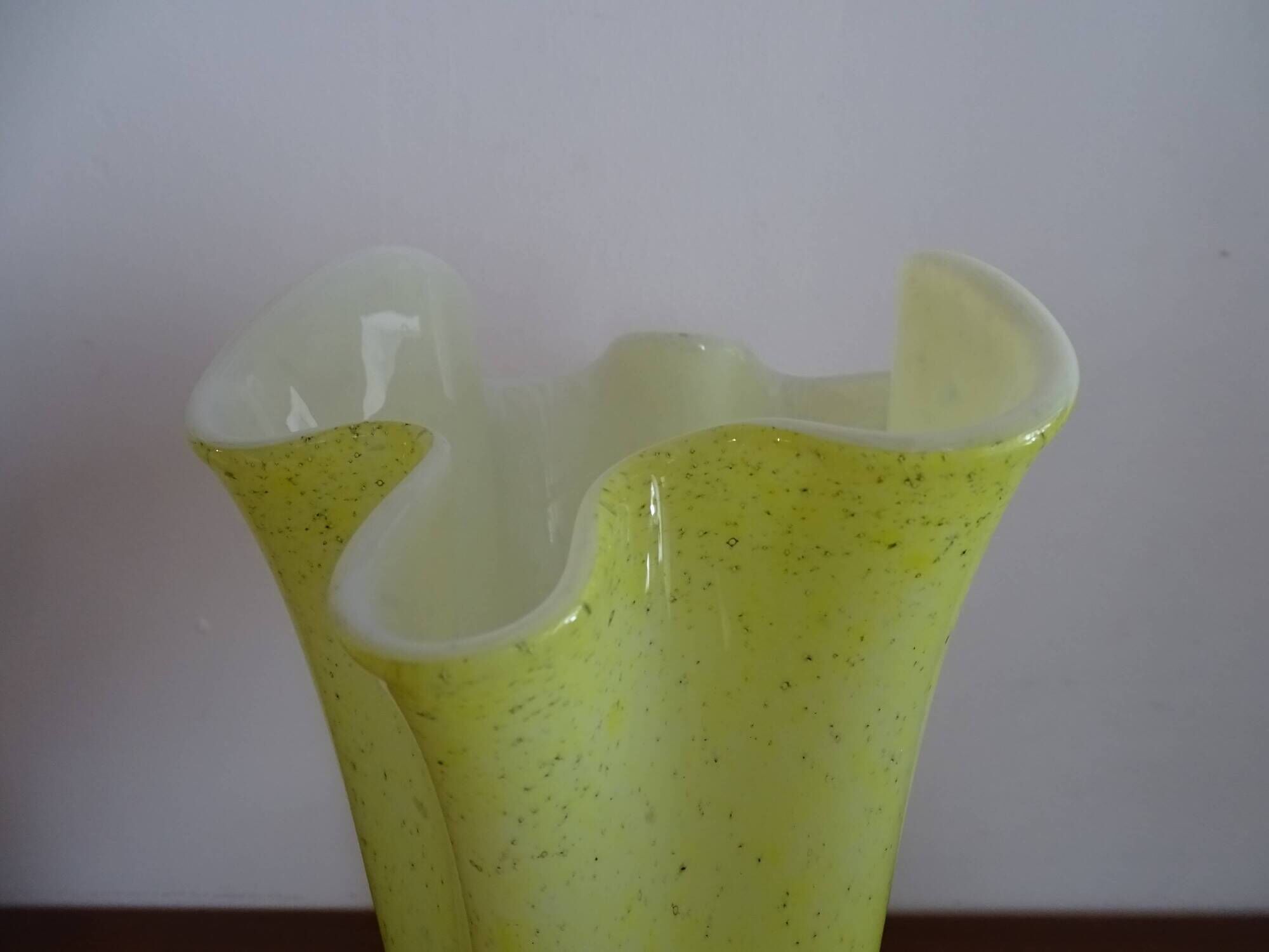 Vintage 1960s murano glass handkerchief vase, yellow and white speckled