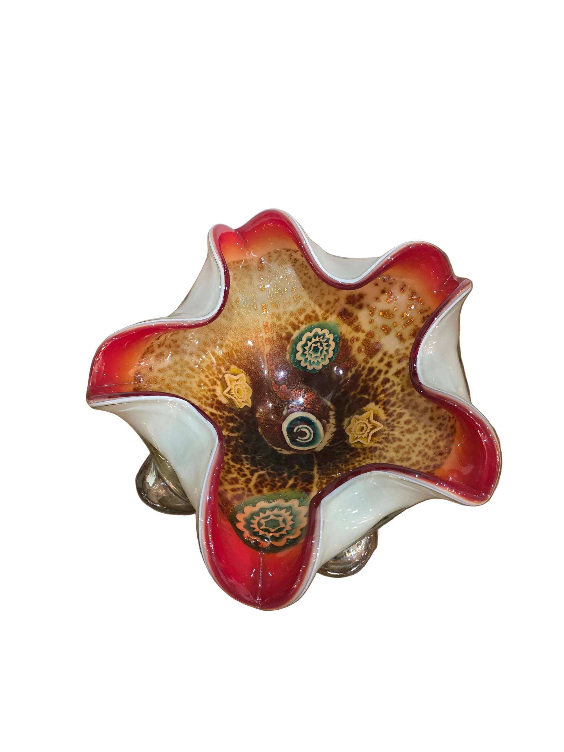 Murano glass bowl – Millefiori & red rim – 26 cm