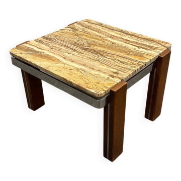 Italian 1970s coffee table in Breccia Sarda marble & steel legs – caramel tones