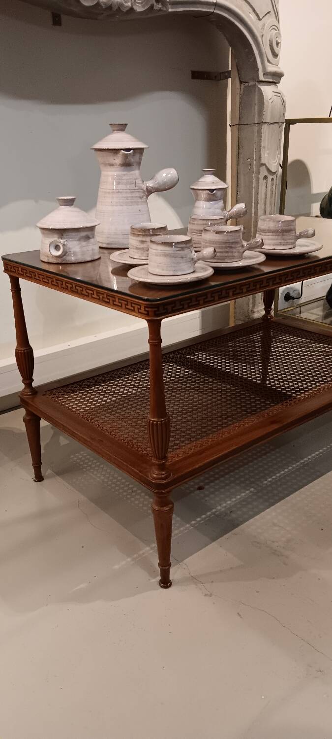 Coffee table / side table in mahogany with a rattan shelf.