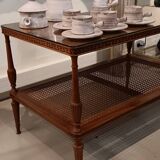 Mahogany coffee table / end table with rattan spacer shelf