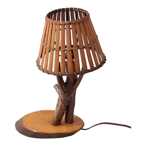 Lampe vintage bois & - rotin