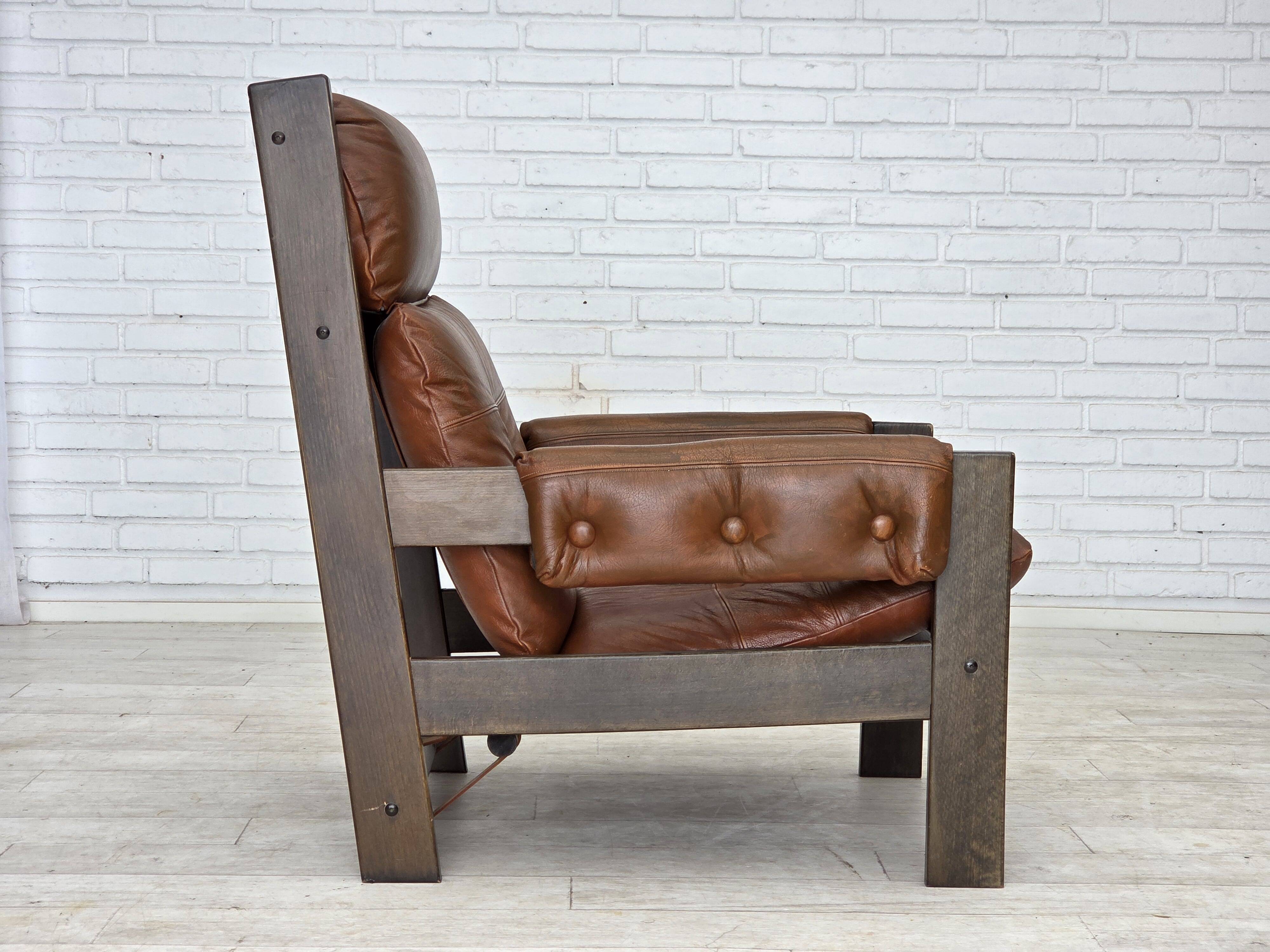 1970s, Scandinavian armchair, furniture leather, canvas, oak wood.