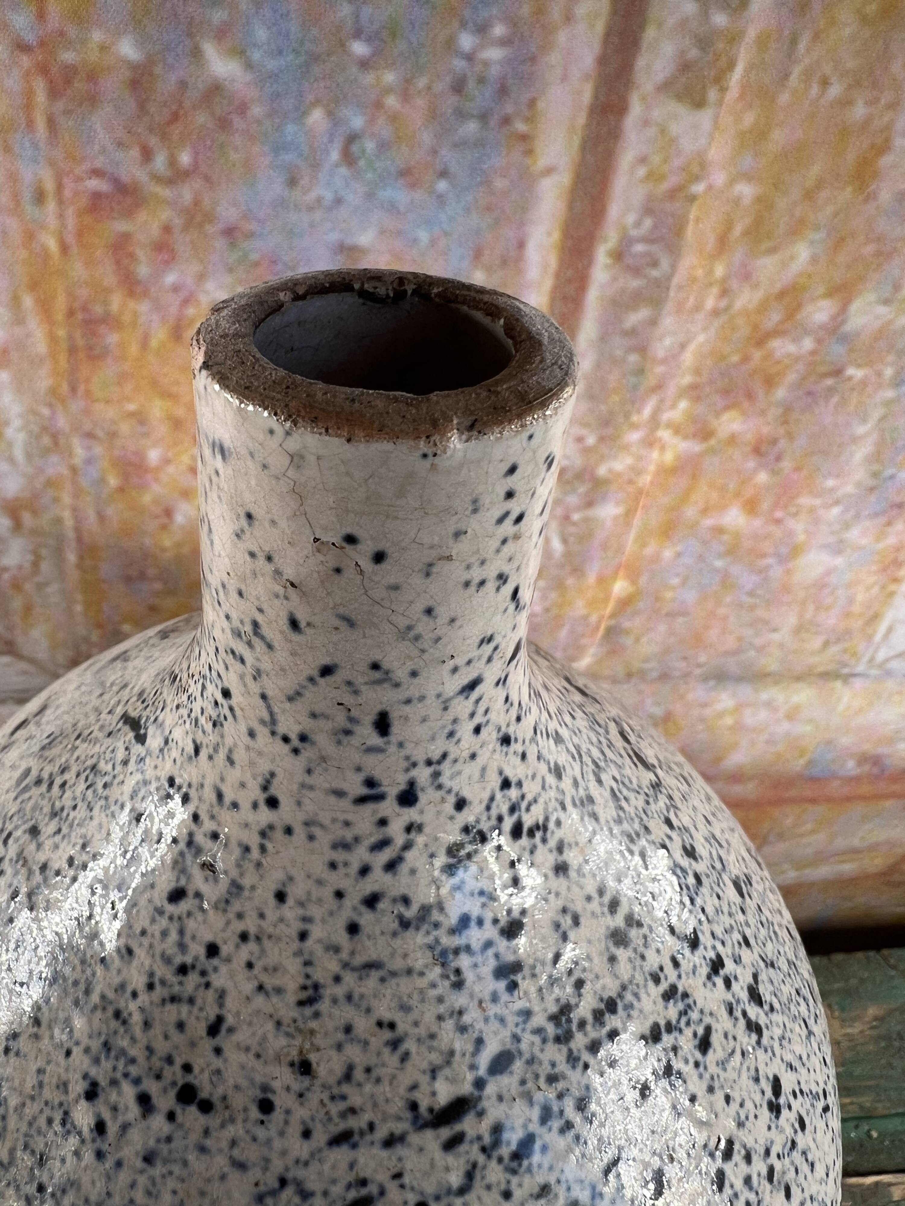 Speckled blue glazed stoneware vase – Vintage handmade ceramics – 28 cm