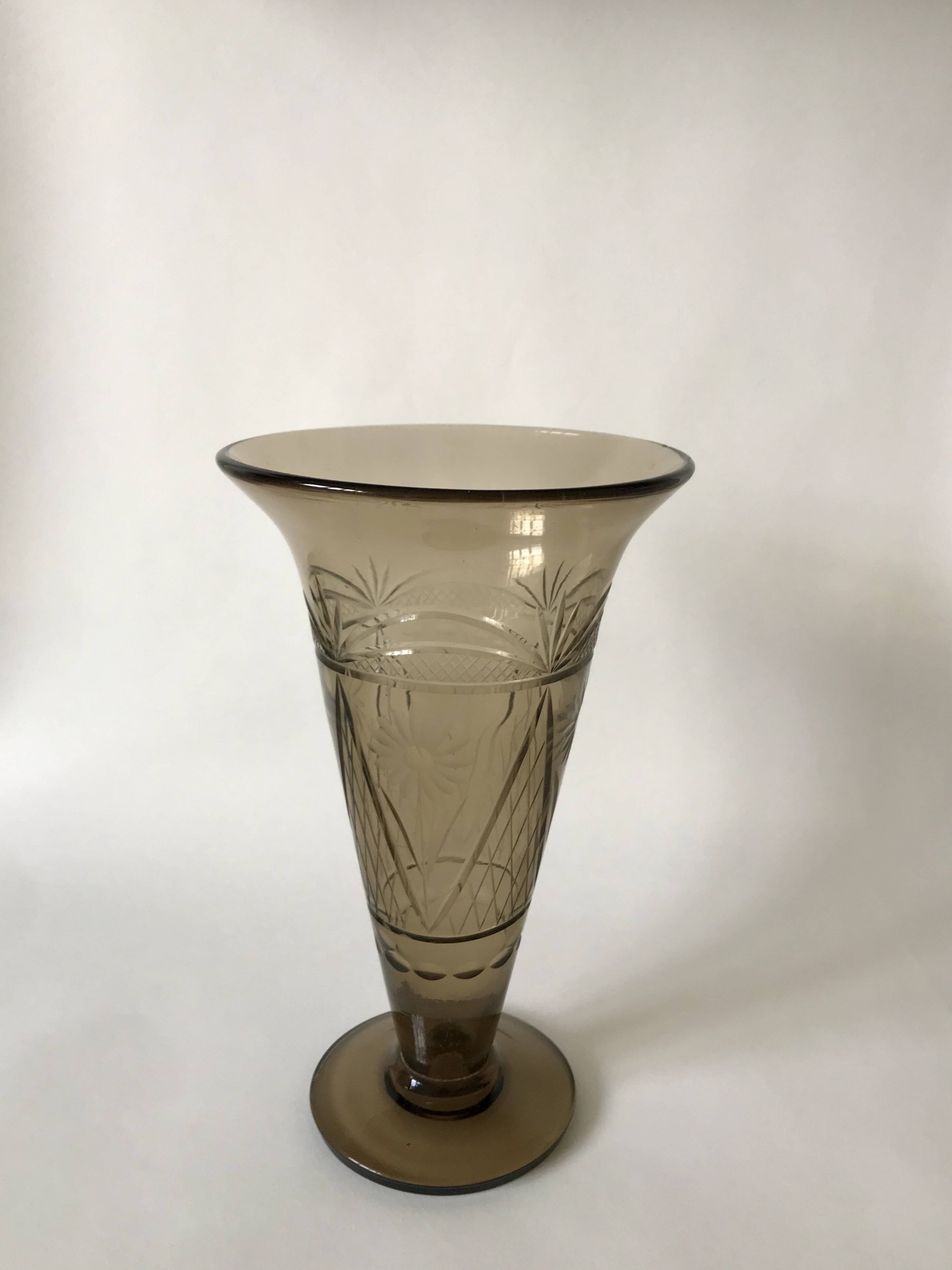 engraved smoked glass vase from the 60s