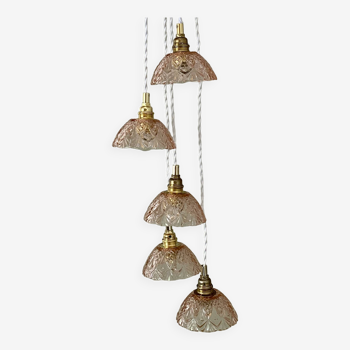 Five-light waterfall pendant light with vintage pink chiseled glass lampshades