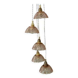 Five-light waterfall pendant light with vintage pink chiseled glass lampshades