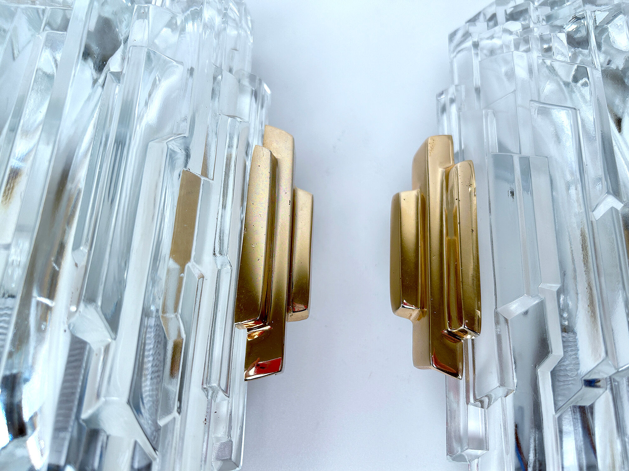 Pair of vintage wall lamps, glass and bronze gilded with fine gold