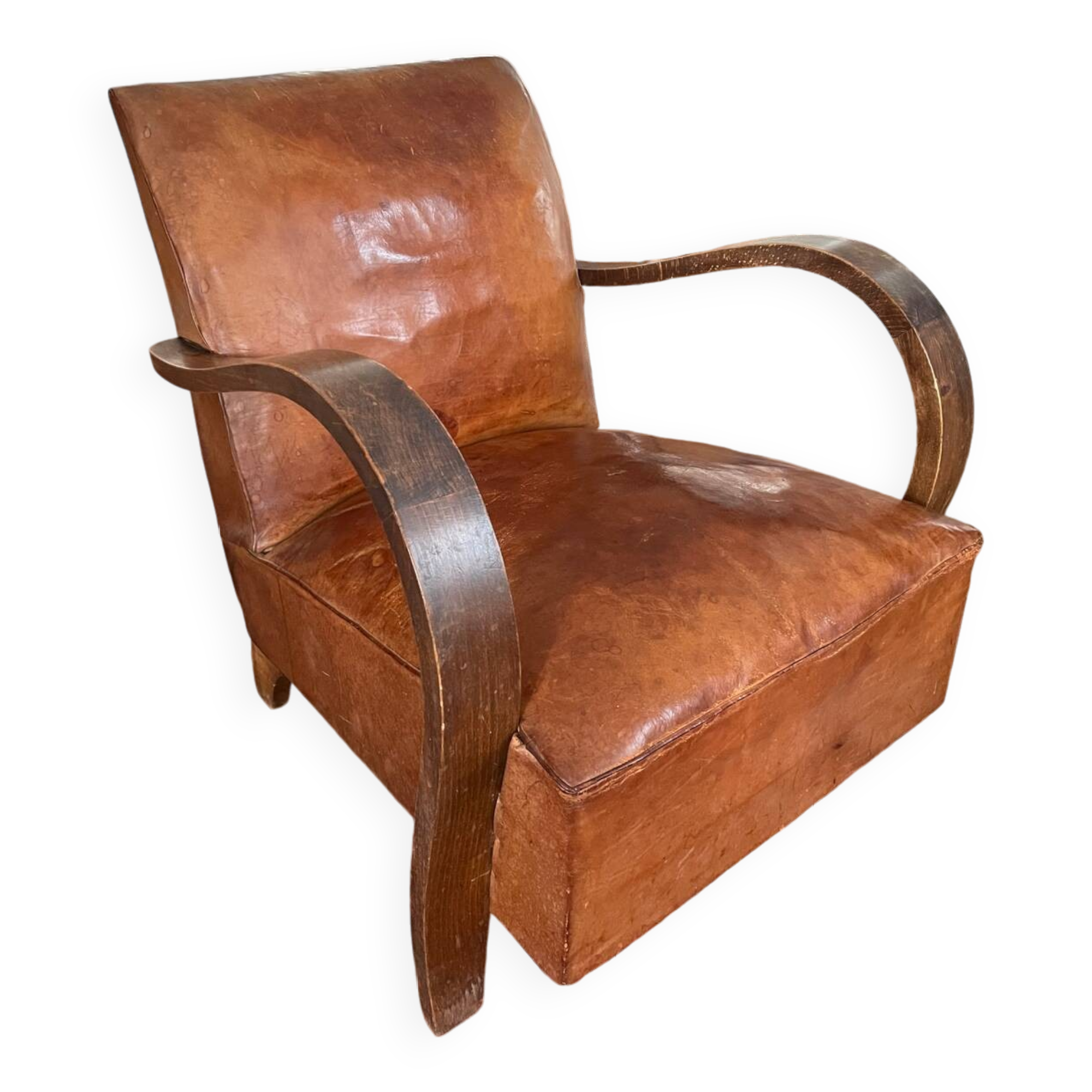 Vintage leather club chair with wooden armrests