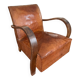 Vintage leather club chair with wooden armrests
