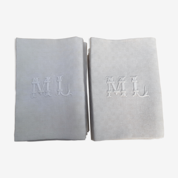 6 old ML monogrammed napkins on checkered damask fabric