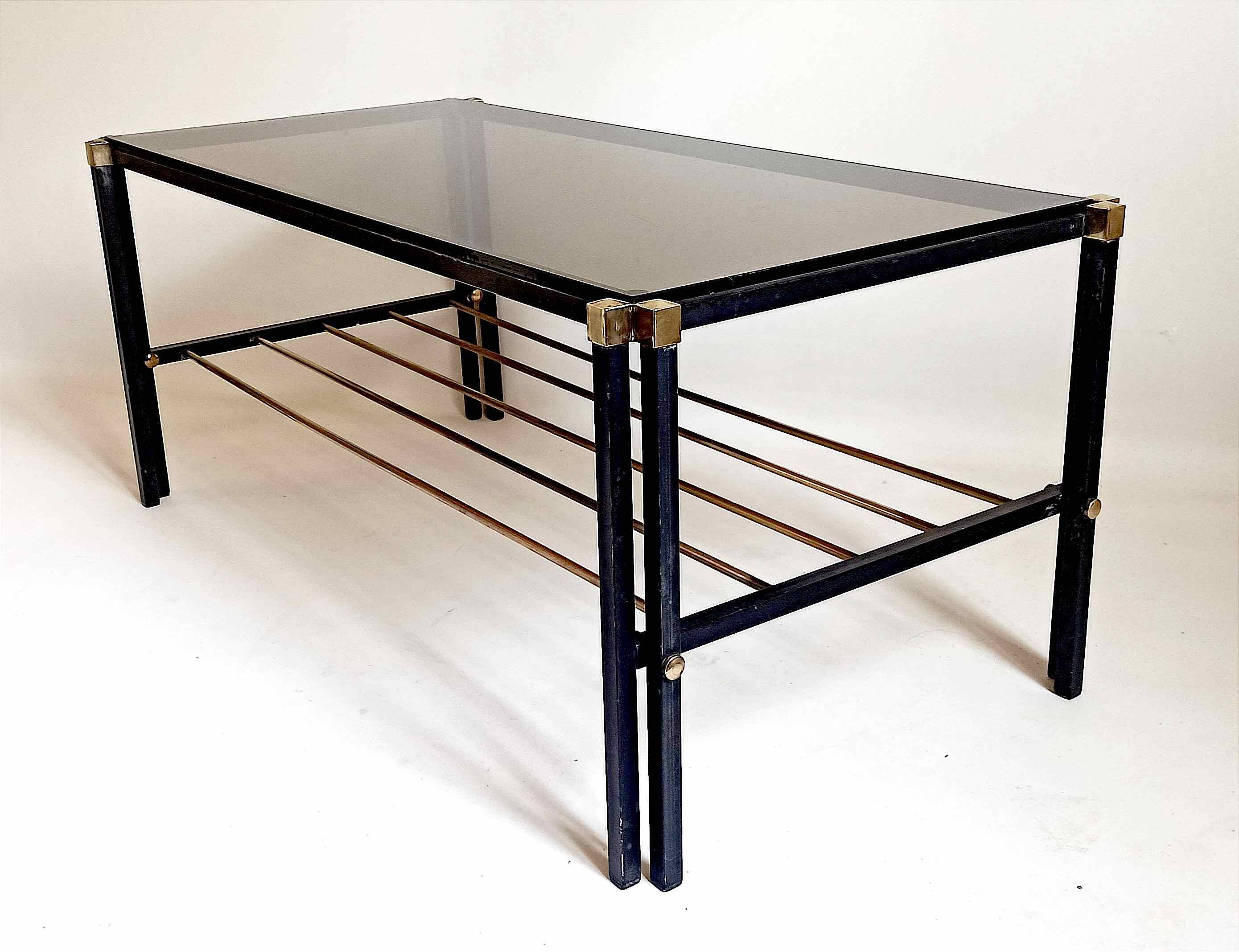 Magazine holder coffee table 1960s smoked glass, metal and brass Width 94.2 cm
