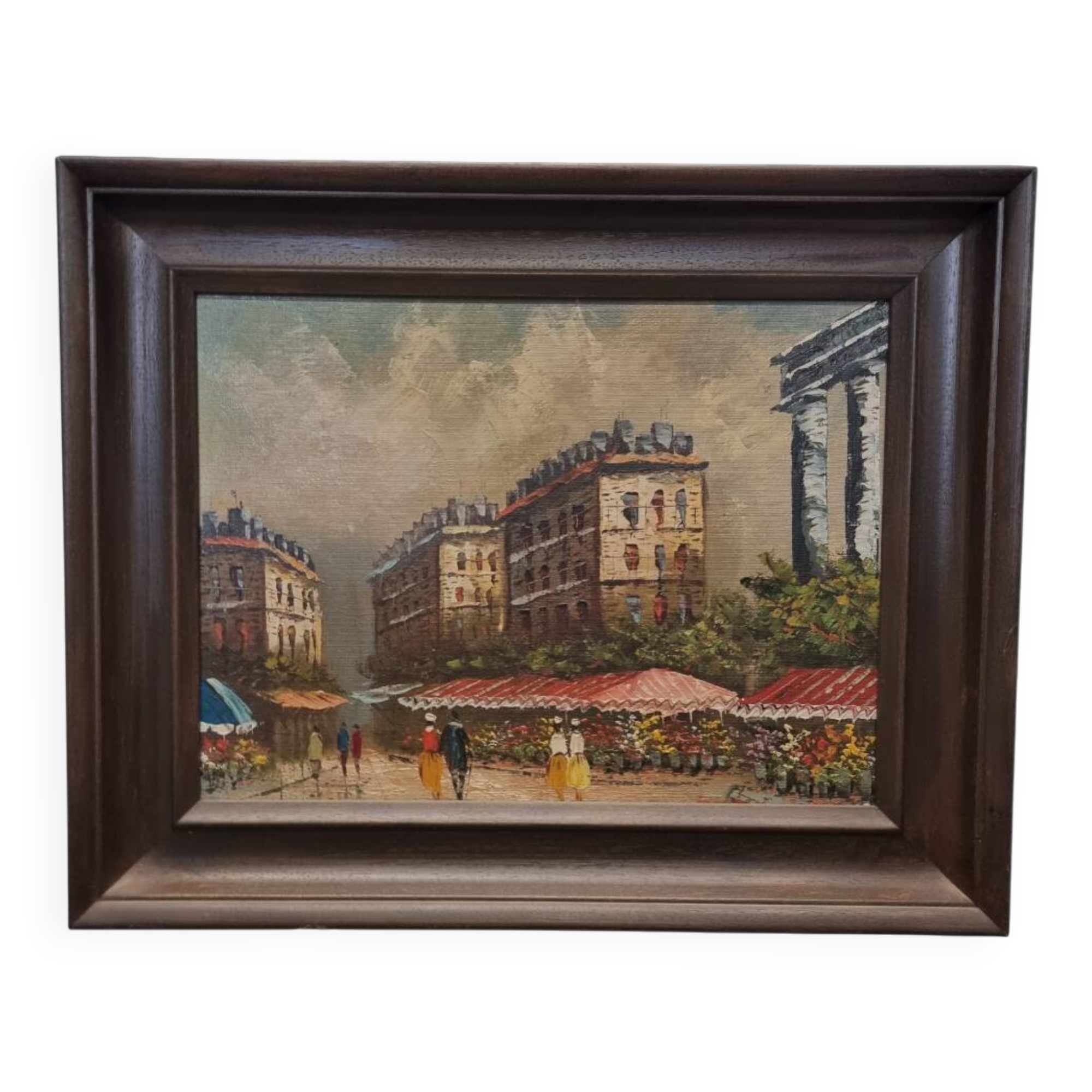 Vintage Oil Painting With Parisian Flower Market Frederic, 1970s