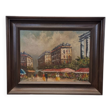 Vintage Oil Painting With Parisian Flower Market Frederic, 1970s