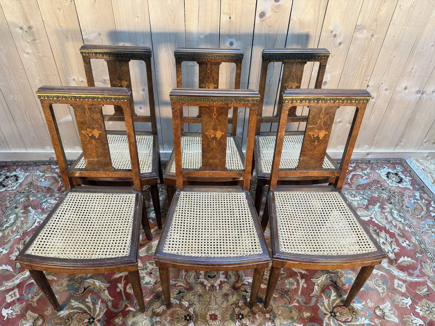 Set of 6 Art Deco chairs in marquetry and caning.