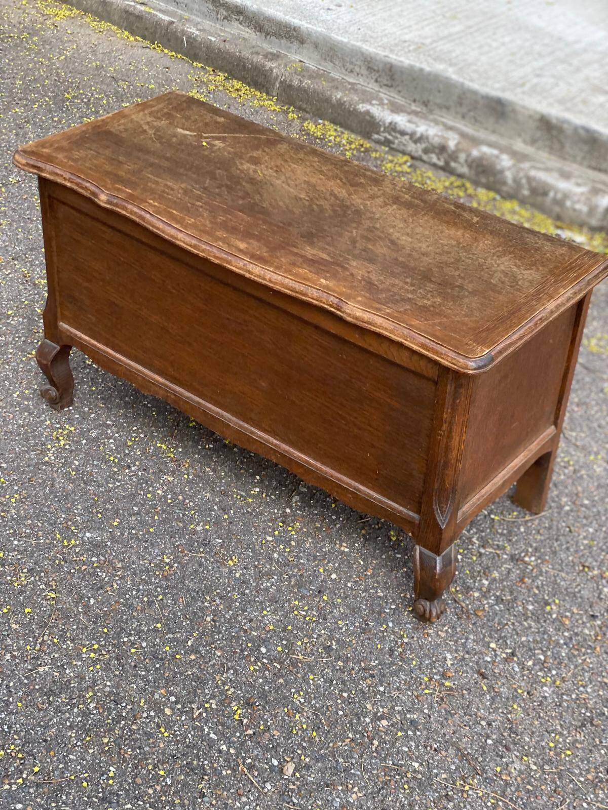 Vintage oak chest bank in dark wood, Louis XV style.