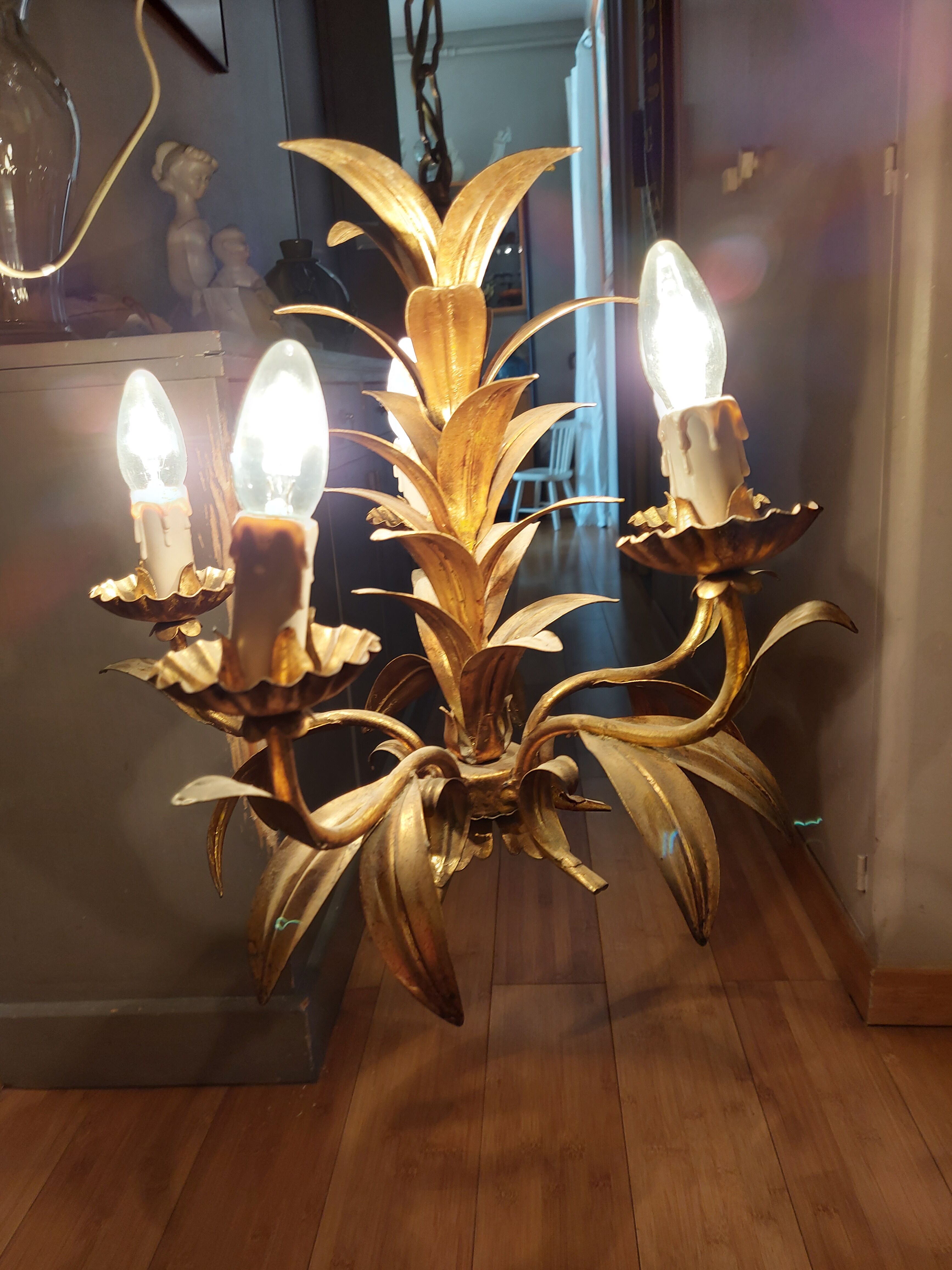 Chandelier gilded metal leaves by Hans Kogl, 1970's