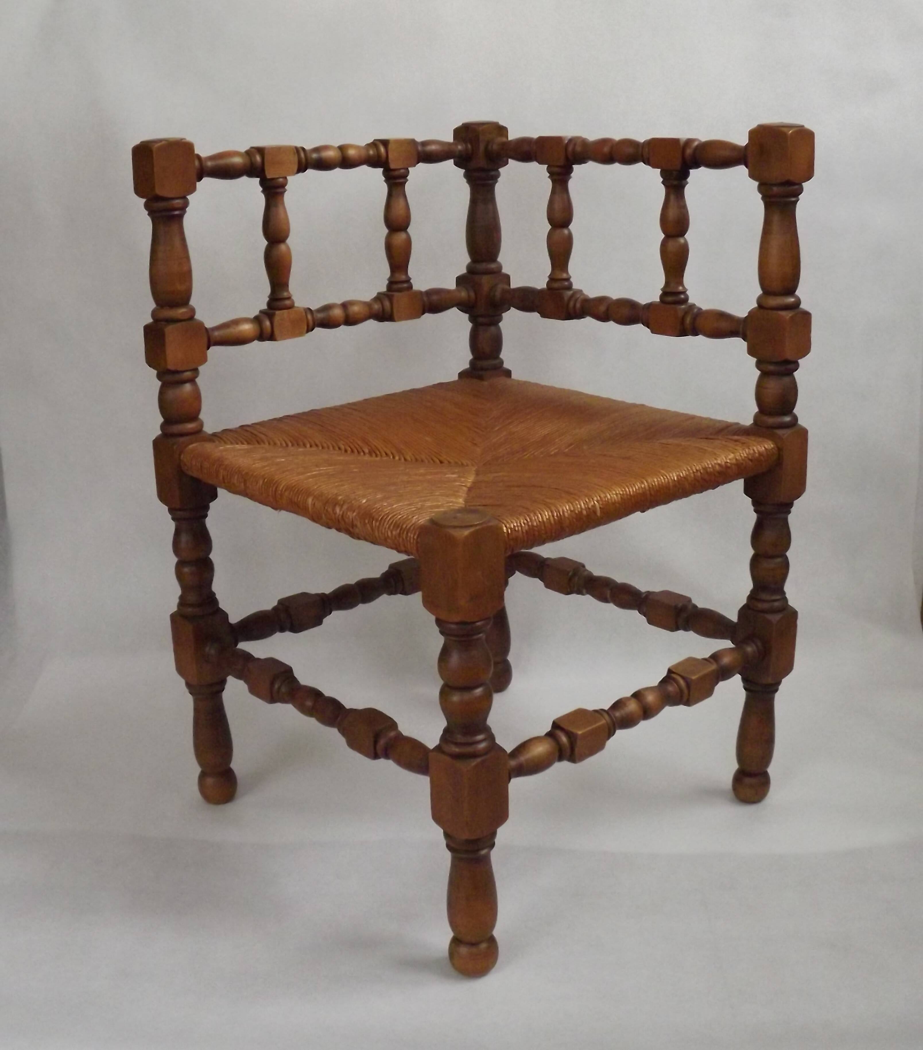 Antique French Turned Wooden Bobbin Chair with Rush Seat
