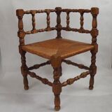 Antique French Turned Wooden Bobbin Chair with Rush Seat