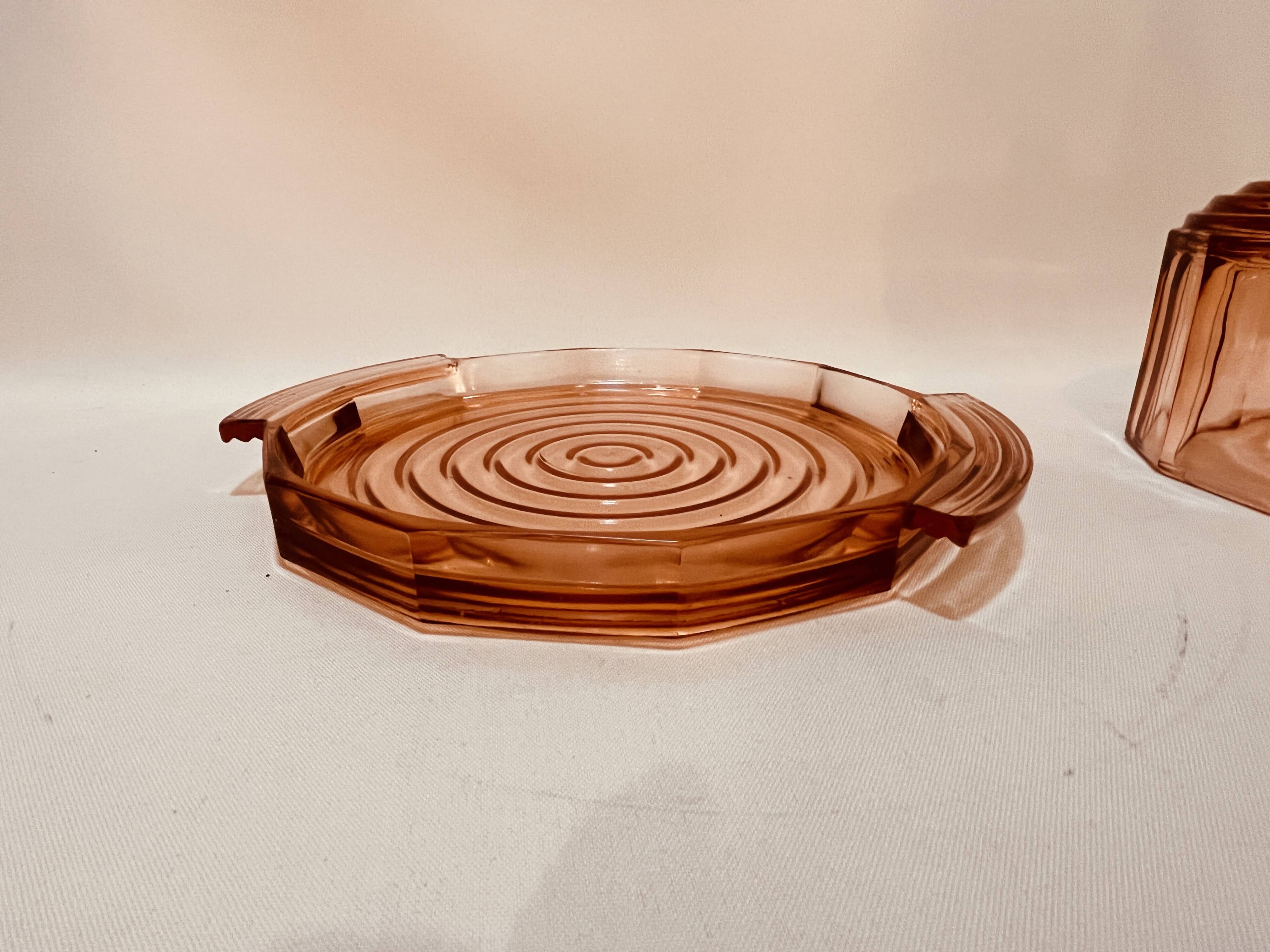 Rosaline pink glass bell and 1930s Art Deco cheesecake tray