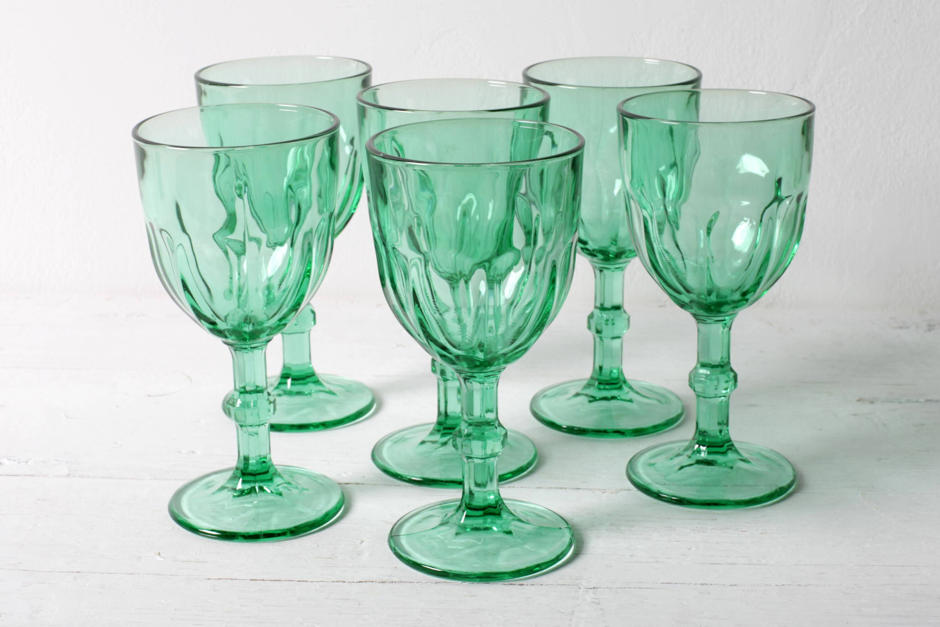 Set of 6 Vintage Green Wine Glasses / Stem Flutes / Crisal / Portugal 2000s