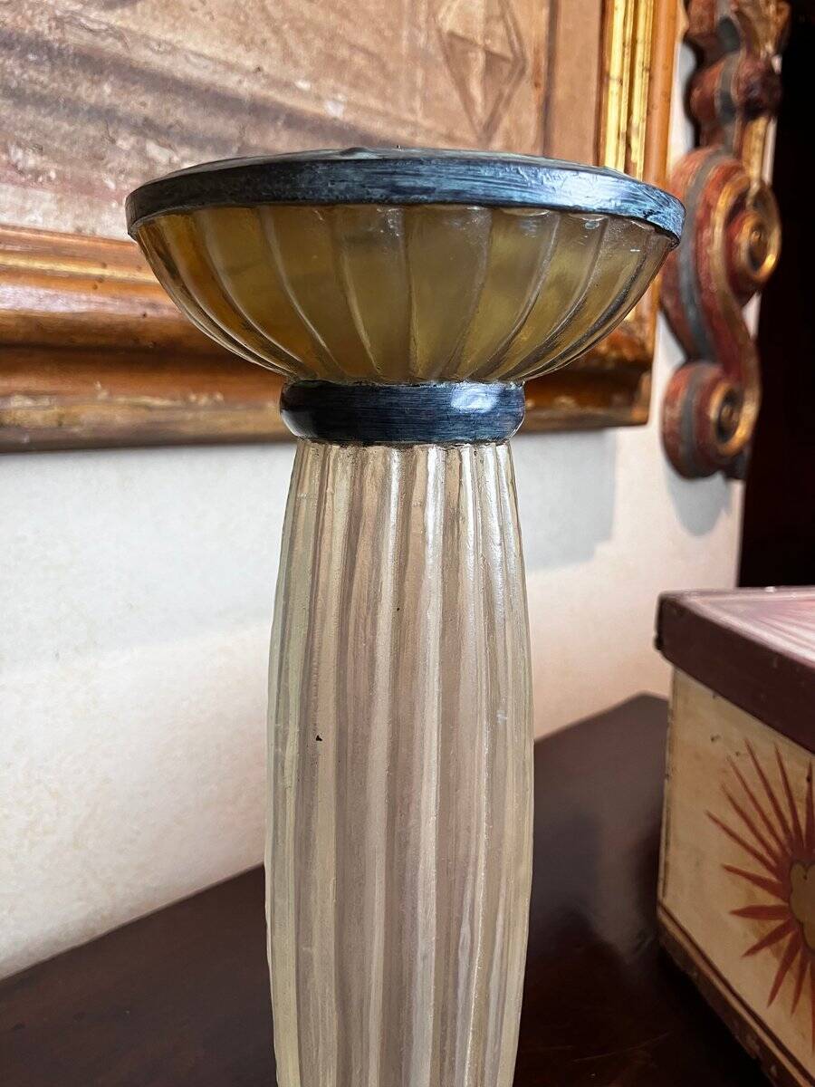 Art Deco Frosted Acrylic and Verdigris Brass Pricket Candleholder