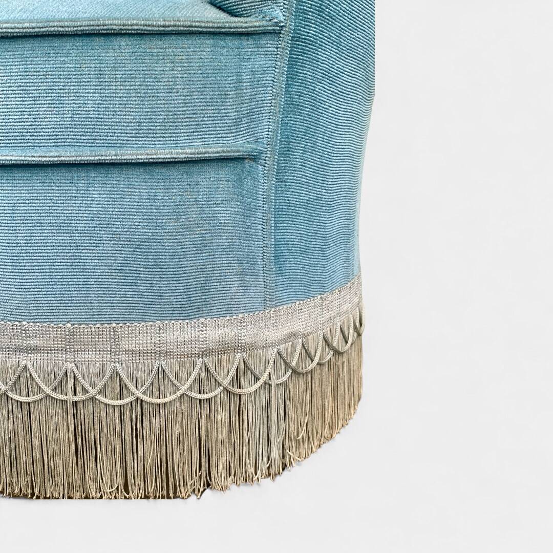 Pair of vintage blue velvet upholstered toad armchairs from the 1970s