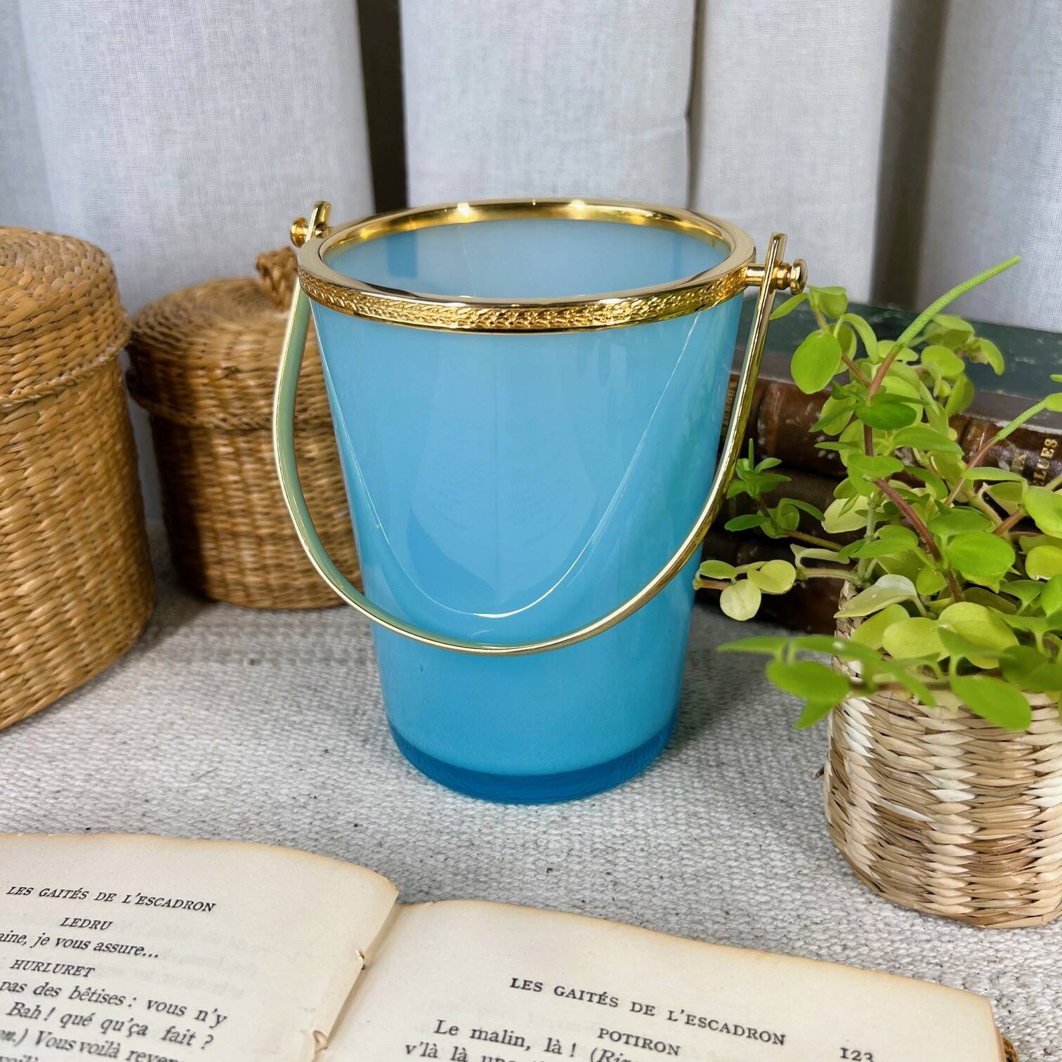 Vintage ice bucket in blue opaline and gold metal