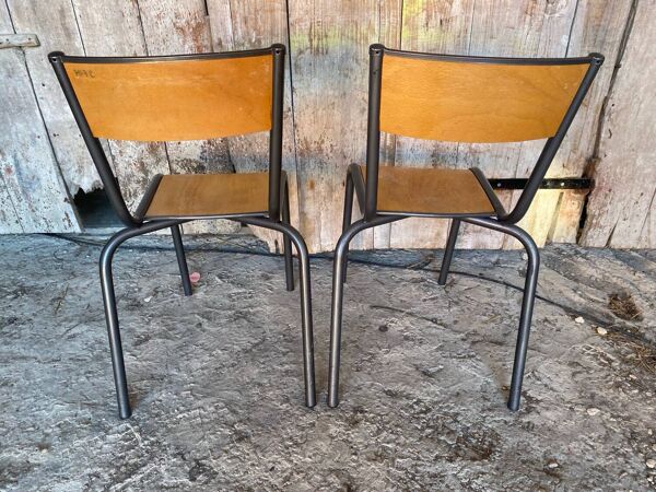 Paire chaises ancienne style mullca modèle 510 metal gris + bois vintag
