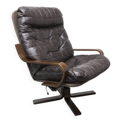 Fauteuil scandinave 1970 bois laminé courbé assise Cuir
