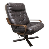 Fauteuil scandinave 1970 bois laminé courbé assise Cuir