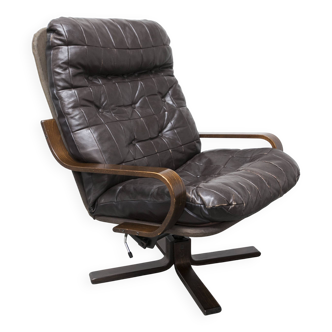 Fauteuil scandinave 1970 bois laminé courbé assise Cuir