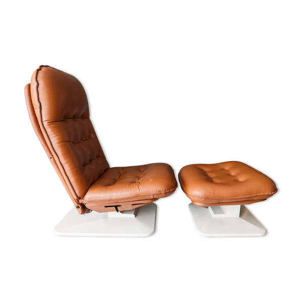 Fauteuil lounge et ottoman vintage ''Origlia'' en cuir fauve et sangles Pirelli