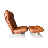 Fauteuil lounge et ottoman vintage "Origlia" en cuir fauve et sangles Pirelli