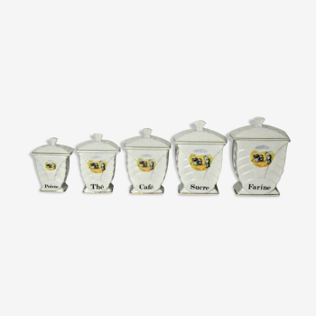 Ensemble de 5 pots à condiments gradués vintage Français en porcelaine blanche avec couvercles