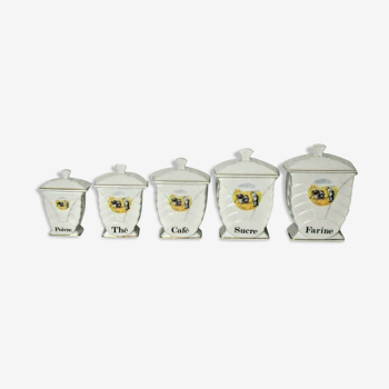 Set of 5 Vintage French White Porcelain Graduated Condiment Pots With Lids