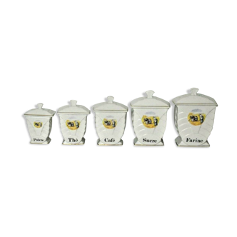 Ensemble de 5 pots à condiments gradués vintage Français en porcelaine blanche avec couvercles